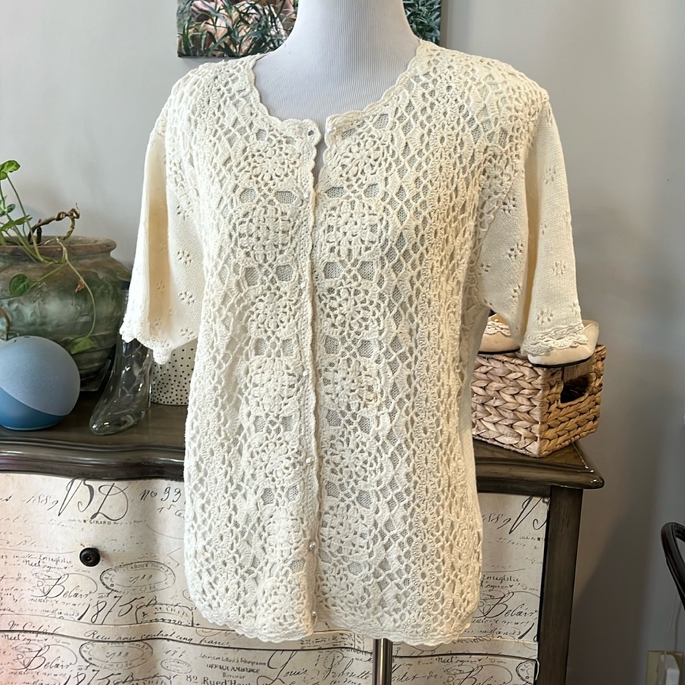VINTAGE JACLYN SMITH CROCHETED KNIT BEADED SWEATER IVORY CREAM SIZE LARGE - Picture 6 of 16
